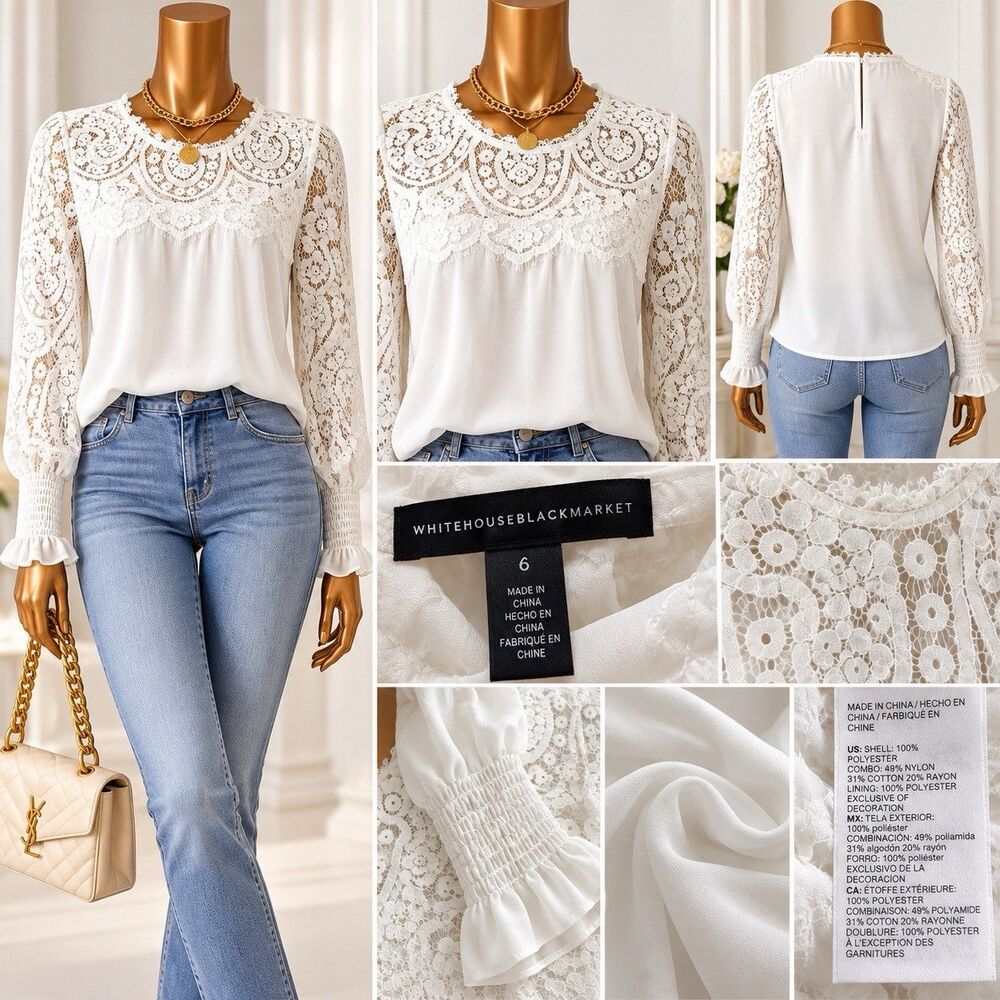 White House Black Market Womens 6 White Lace Blouse Romantic Boho Cottagecore